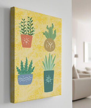Illustrated potted plants on textured yellow background