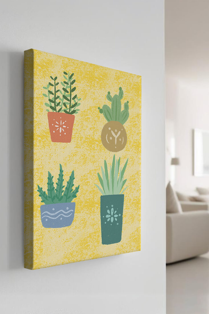 Illustrated potted plants on textured yellow background