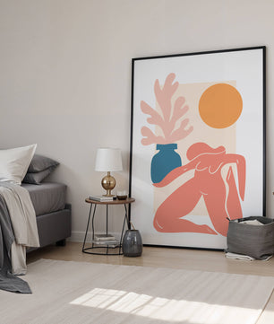 Figura desnuda abstracta con jarrón y sol en estilo minimalista