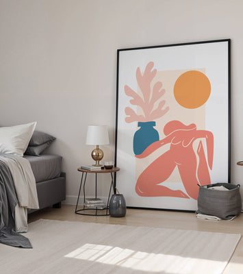 Abstract Nude Figure with Vase and Sun in Minimalist Style