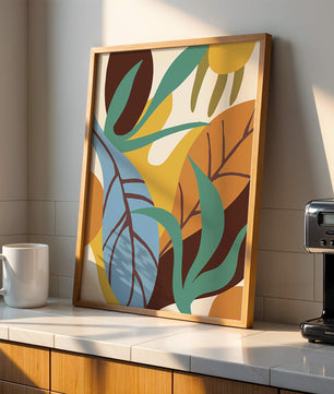 Abstract botanical design with colorful leaves and organic shapes