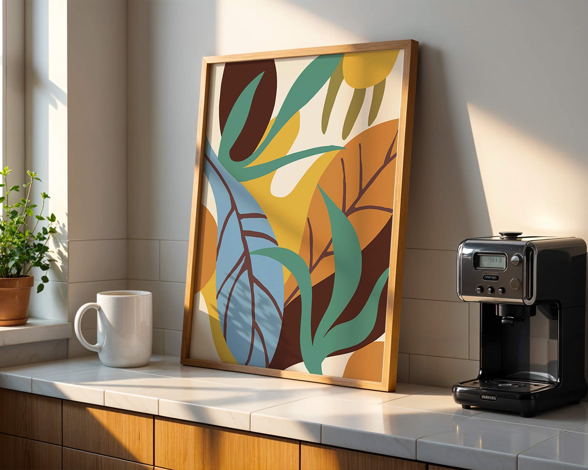 Abstract botanical design with colorful leaves and organic shapes