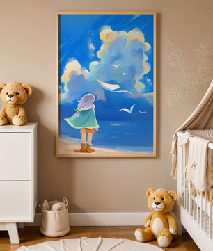 Young person gazing at a vibrant seaside sky with birds flying