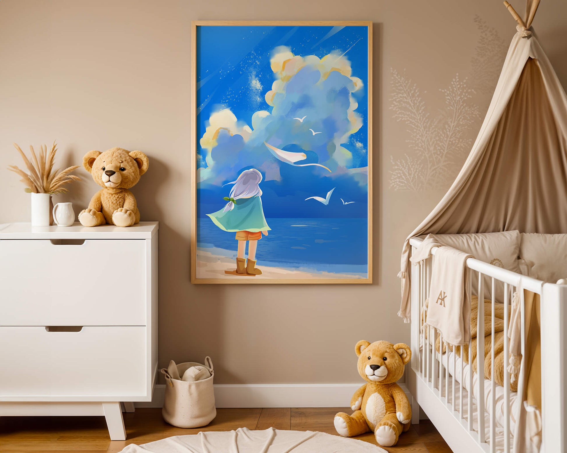 Young person gazing at a vibrant seaside sky with birds flying