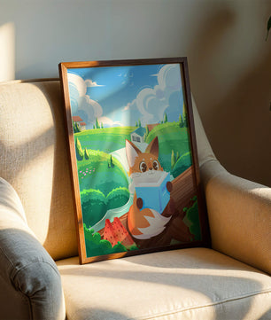 Fox Reading a Book in Scenic Green Landscape with Watermelon Slices