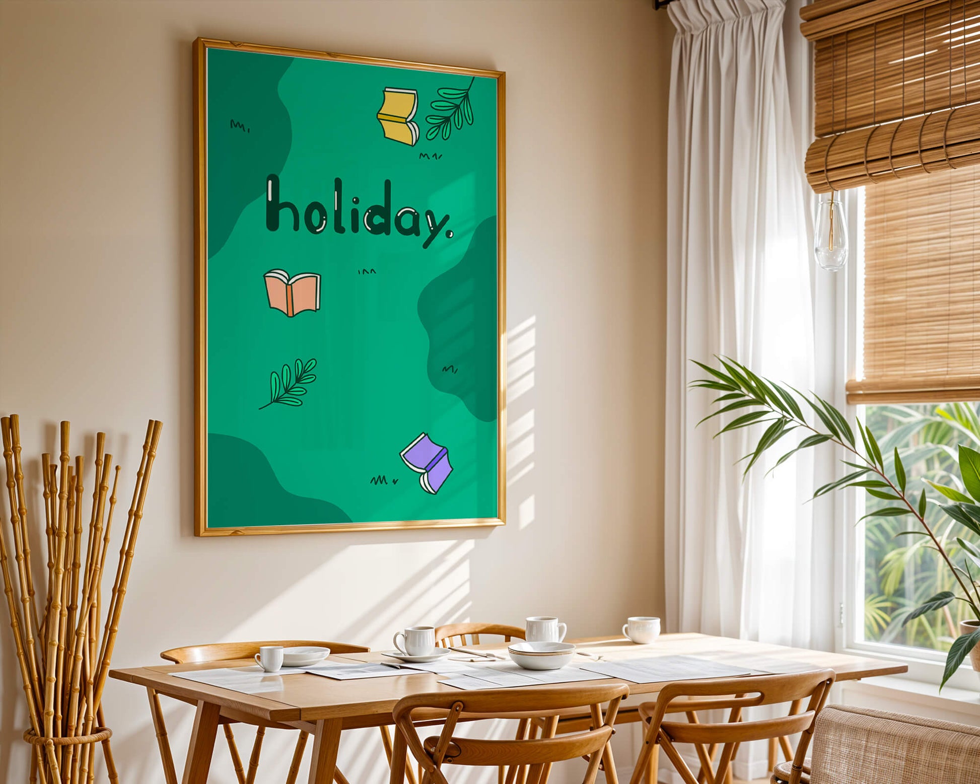 Colorful holiday-themed design with books and leaves