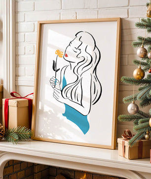 Ilustración estilizada de una mujer con una flor y elementos abstractos