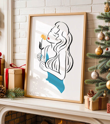 Stylized illustration of a woman with a flower and abstract elements