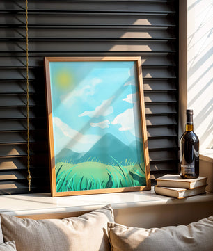 Sunny Day Overlooking a Mountain Landscape with Rolling Hills and Blue Sky
