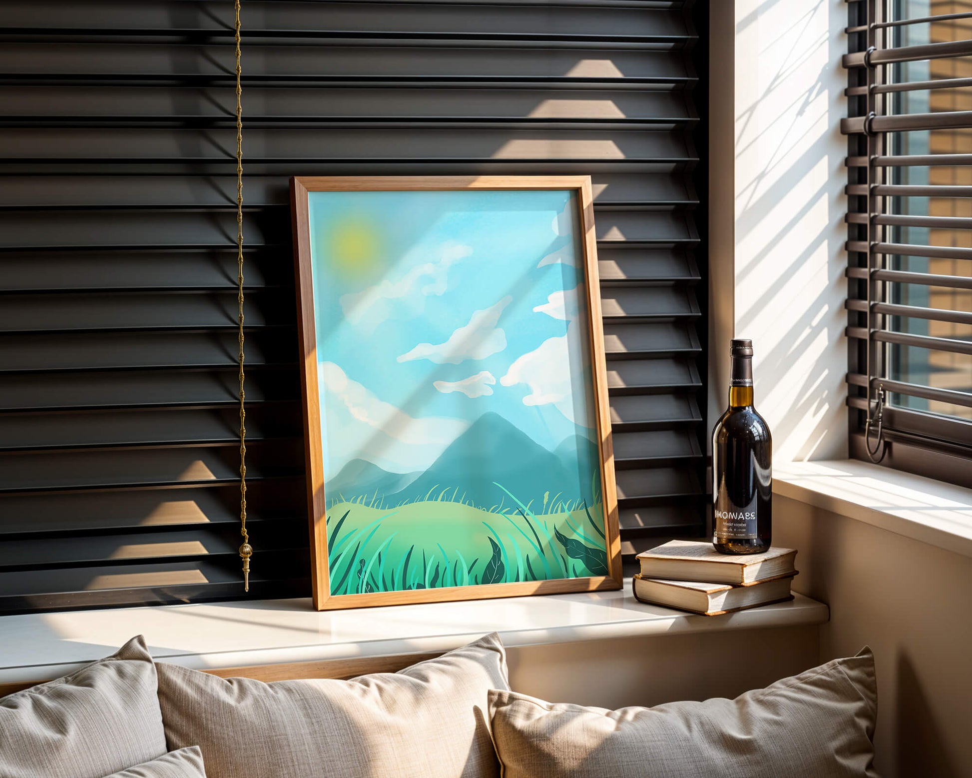 Sunny Day Overlooking a Mountain Landscape with Rolling Hills and Blue Sky