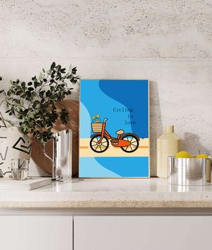 Bicicleta colorida con un regalo en la cesta sobre fondo azul