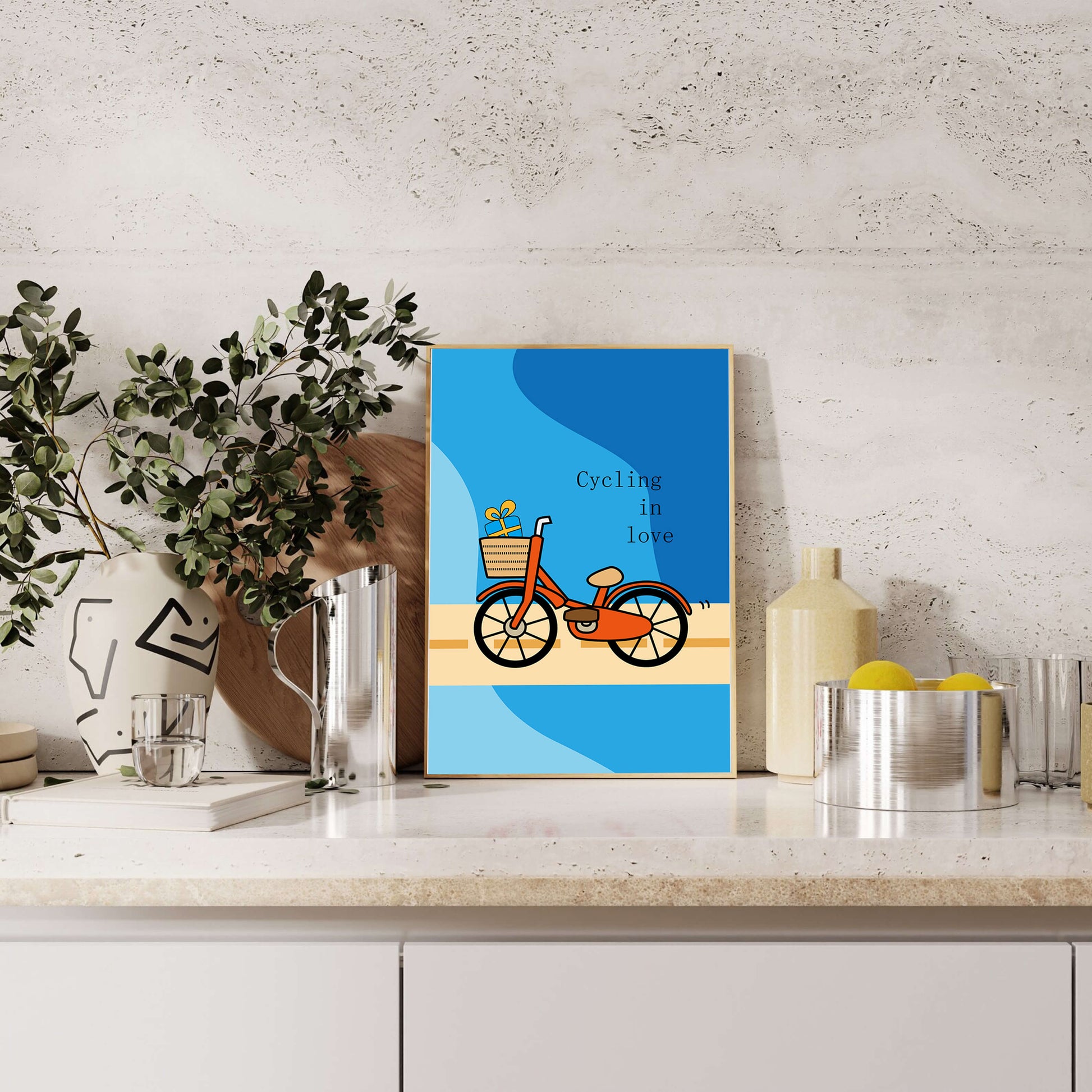 Colorful bicycle with a gift in basket against blue background