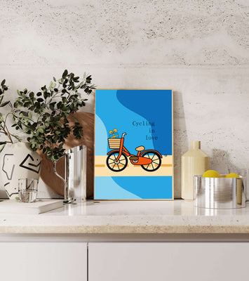 Colorful bicycle with a gift in basket against blue background
