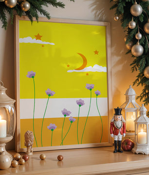 Illustrative landscape with crescent moon, stars, and flowers