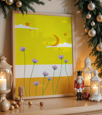 Illustrative landscape with crescent moon, stars, and flowers