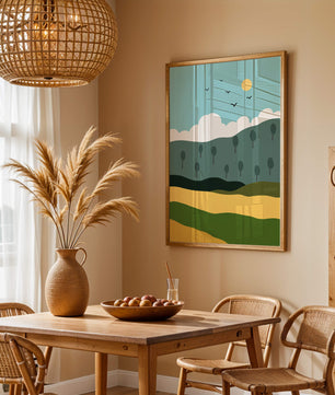Minimalist Landscape with Hills and Sun