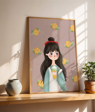 Illustration of a girl with a beverage surrounded by citrus slices