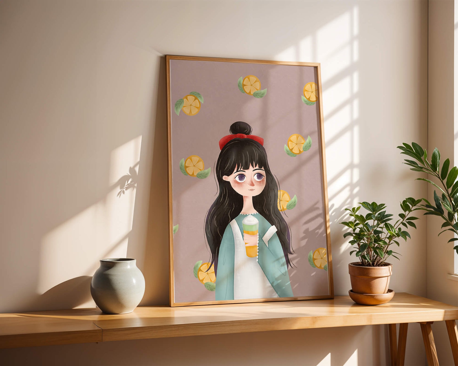 Illustration of a girl with a beverage surrounded by citrus slices