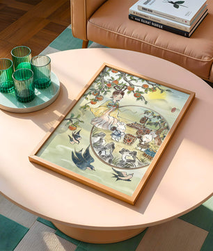 Charmante orientalische Szene mit Kaninchen, Mädchen und Kumquats in der Natur