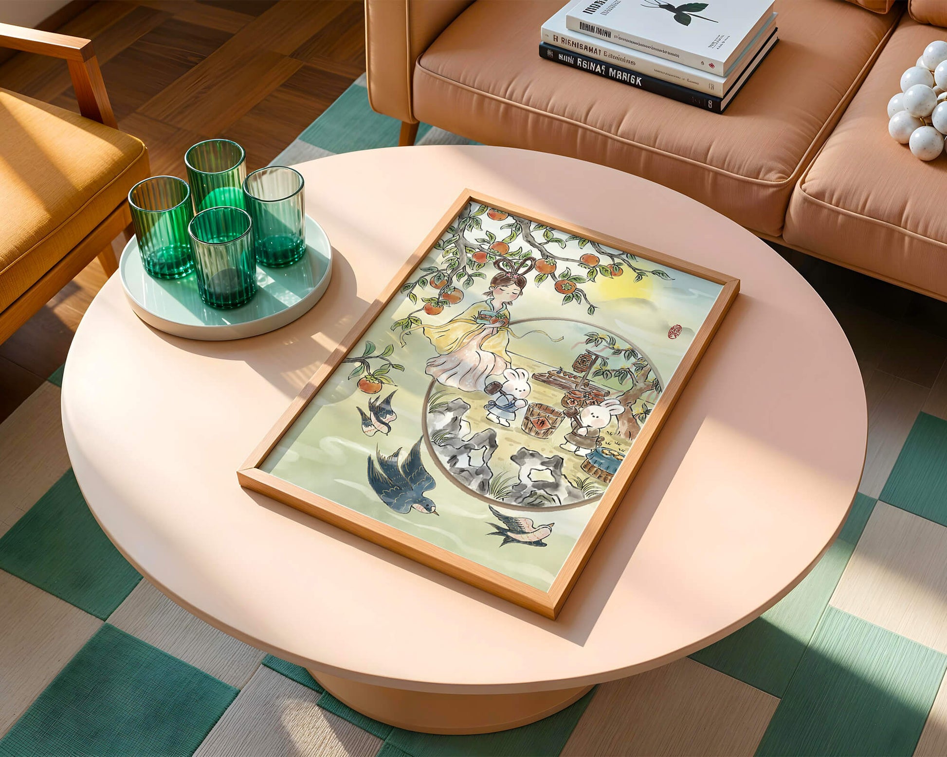 Charmante orientalische Szene mit Kaninchen, Mädchen und Kumquats in der Natur