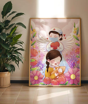 Escena ilustrada de un ángel de la salud con un niño y flores