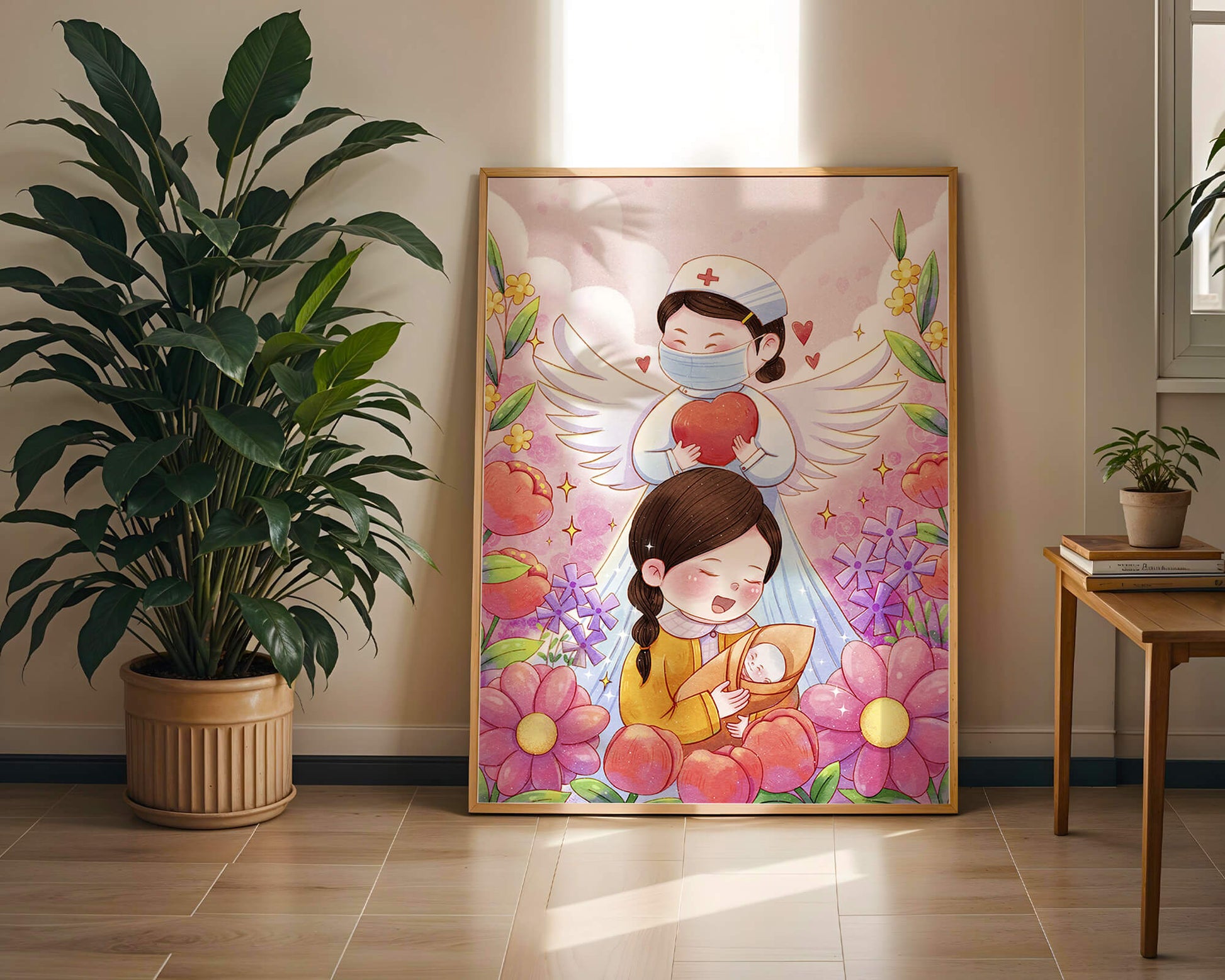 Illustrated scene of healthcare angel with child and flowers