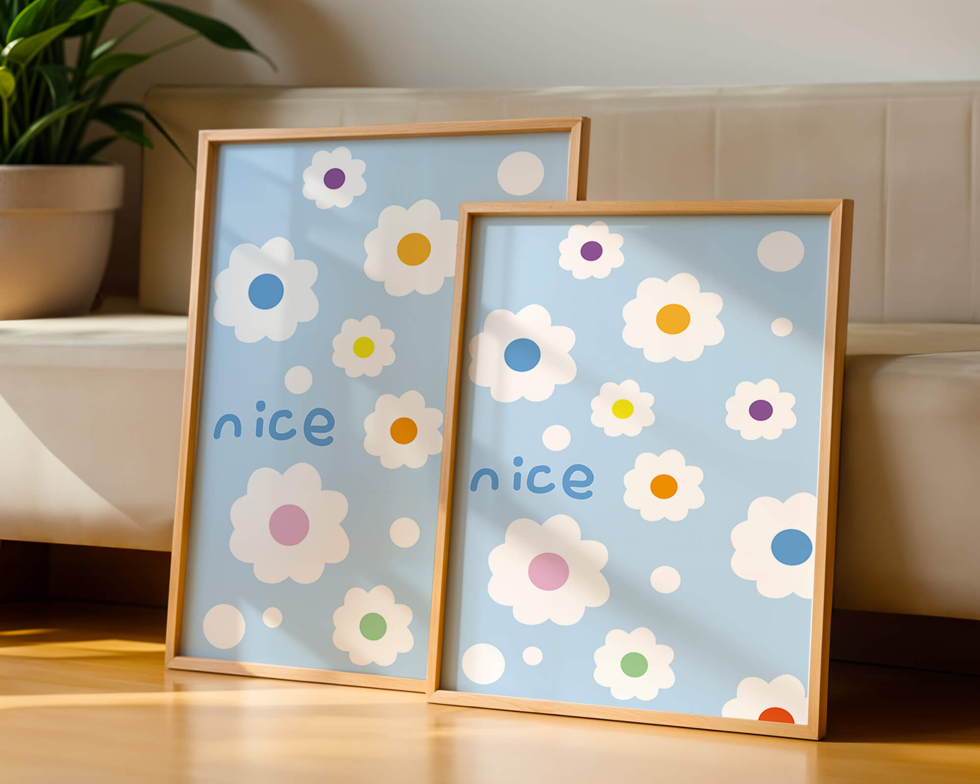 Pastel floral pattern with colorful centers on a blue background
