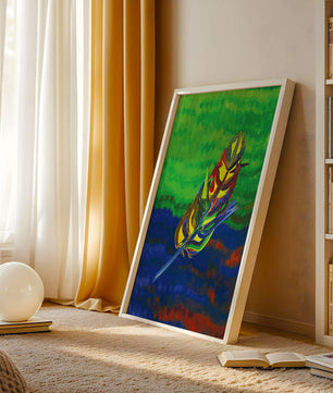 Abstract colorful feather on vibrant background