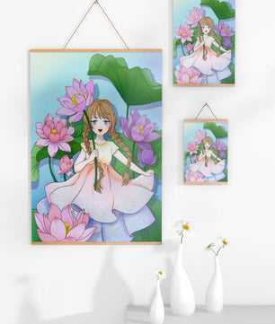 Illustration fantaisiste d'une jeune fille aux cheveux tressés parmi des fleurs de lotus