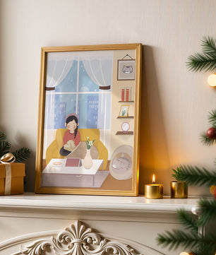 Cozy living room with a girl and a dog on a yellow sofa