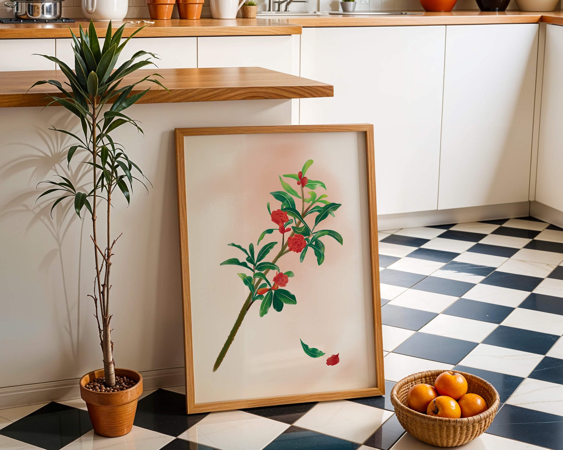 Detailed illustration of a flowering branch with vivid red blooms and lush green leaves
