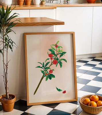 Detailed illustration of a flowering branch with vivid red blooms and lush green leaves