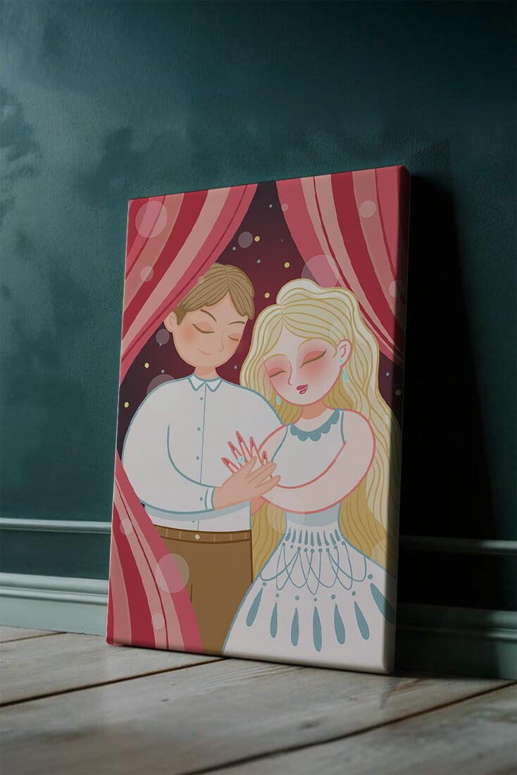 Romantic couple under red curtains with gentle embrace