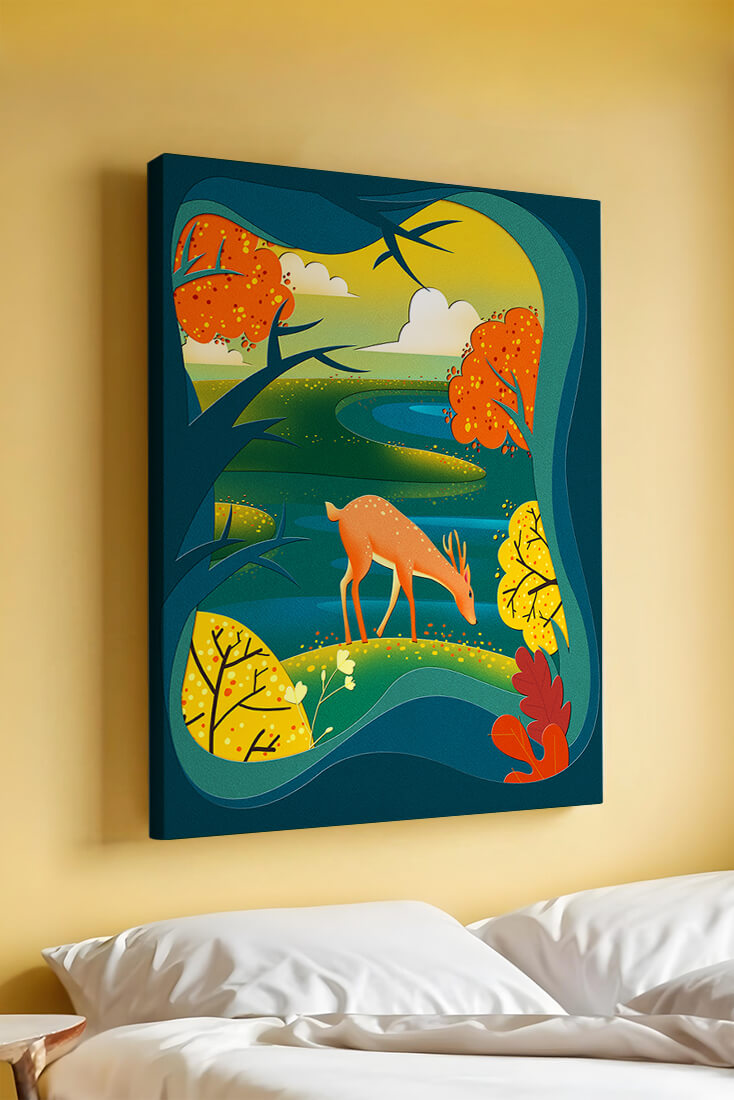 Deer in autumnal forest landscape with vibrant foliage