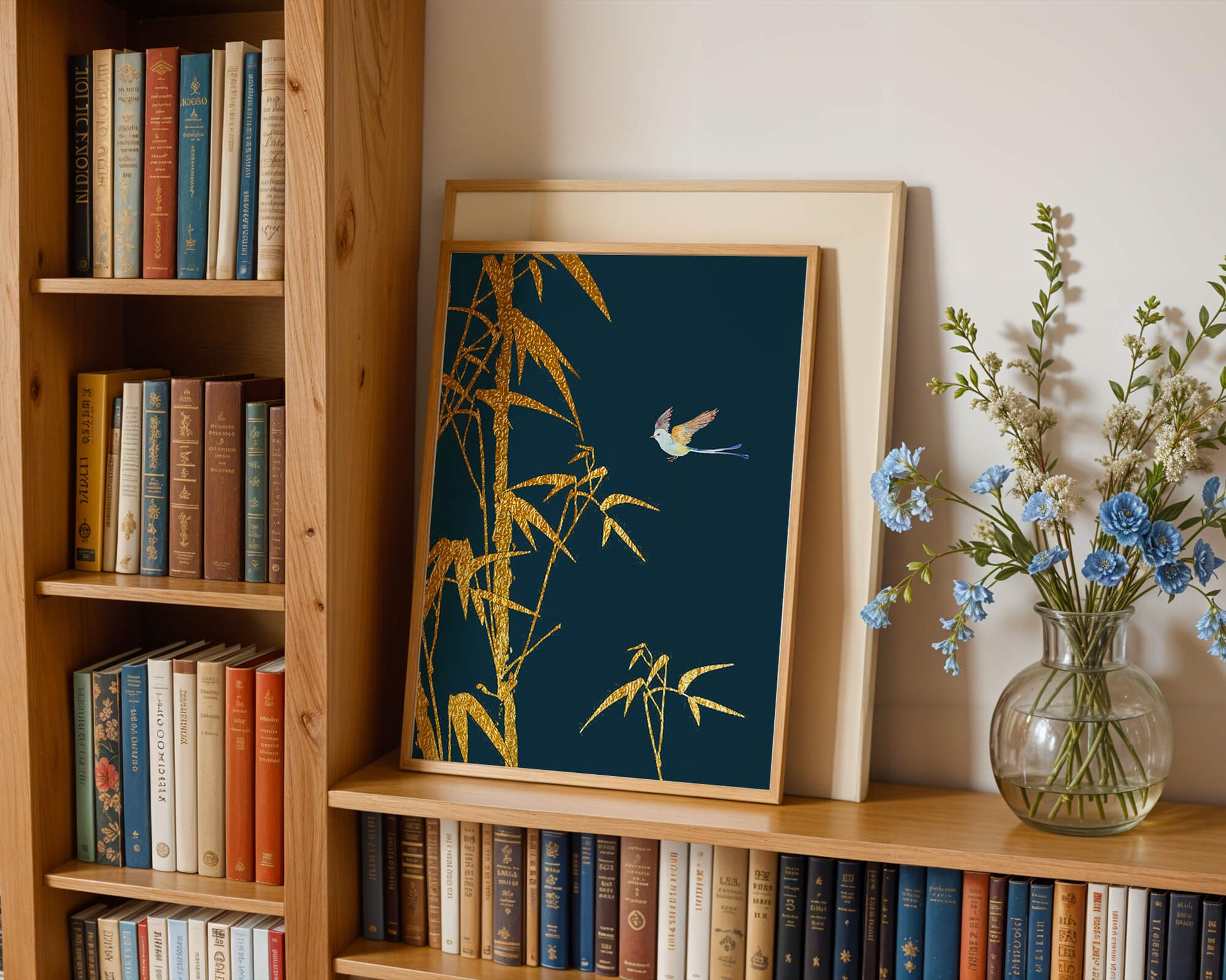 Golden bamboo and bird against a deep blue background