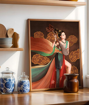 Elegante representación de una mujer tocando un instrumento de cuerda tradicional con ropajes fluidos y fondo ornamentado
