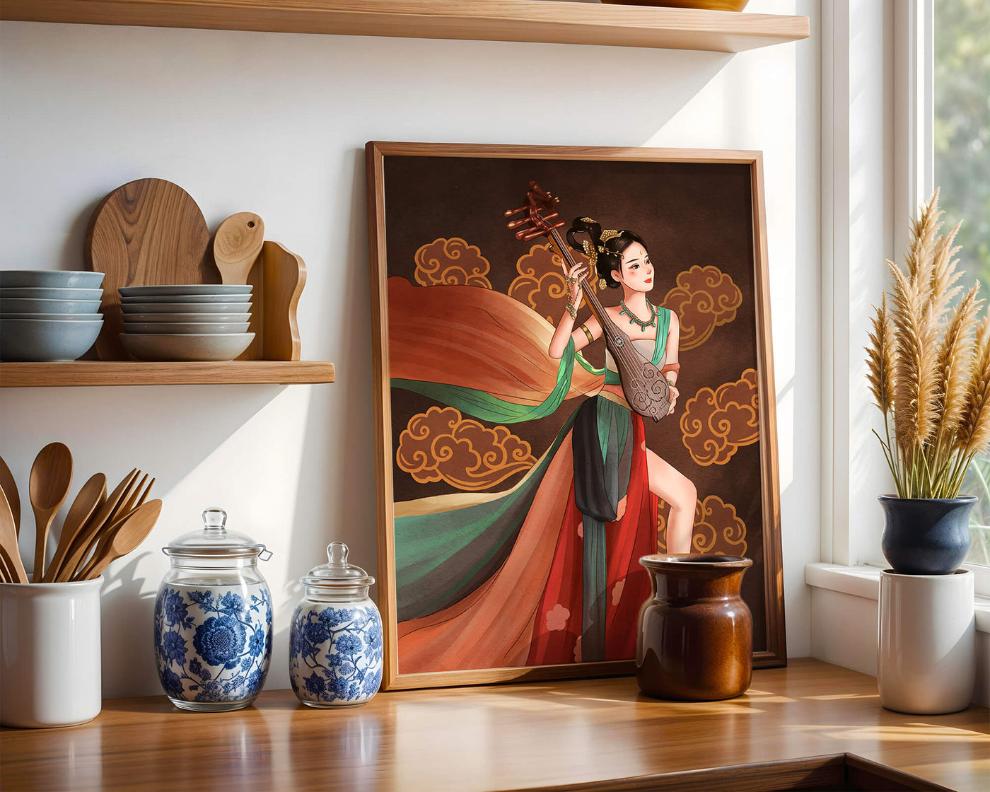 Elegant depiction of a woman playing a traditional string instrument with flowing garments and ornate background
