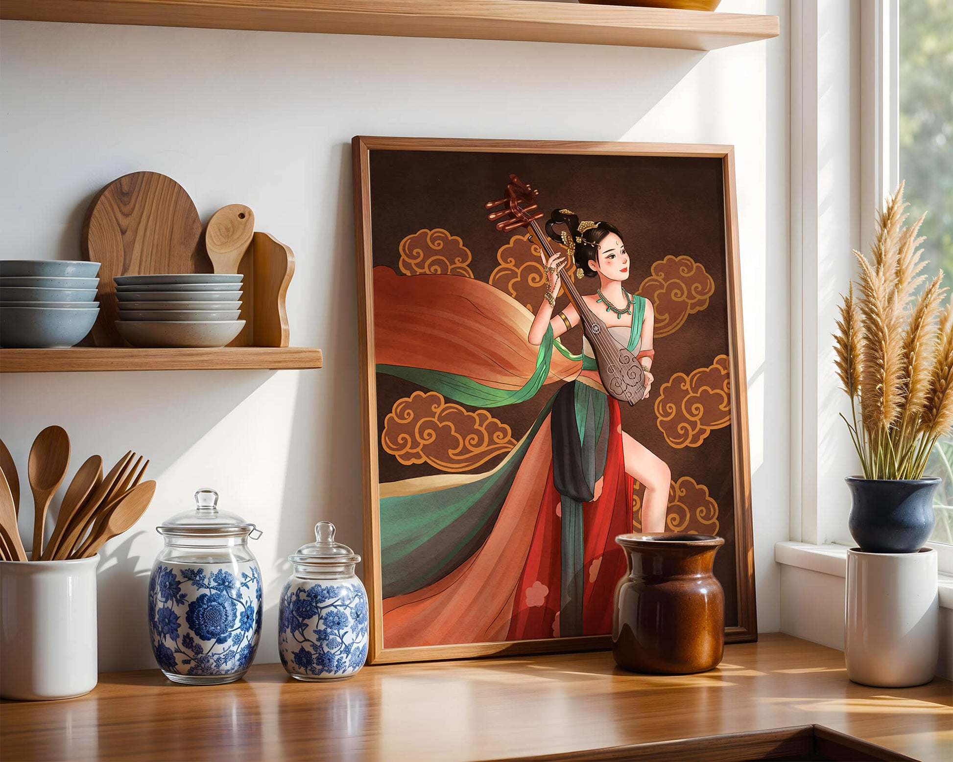Elegant depiction of a woman playing a traditional string instrument with flowing garments and ornate background