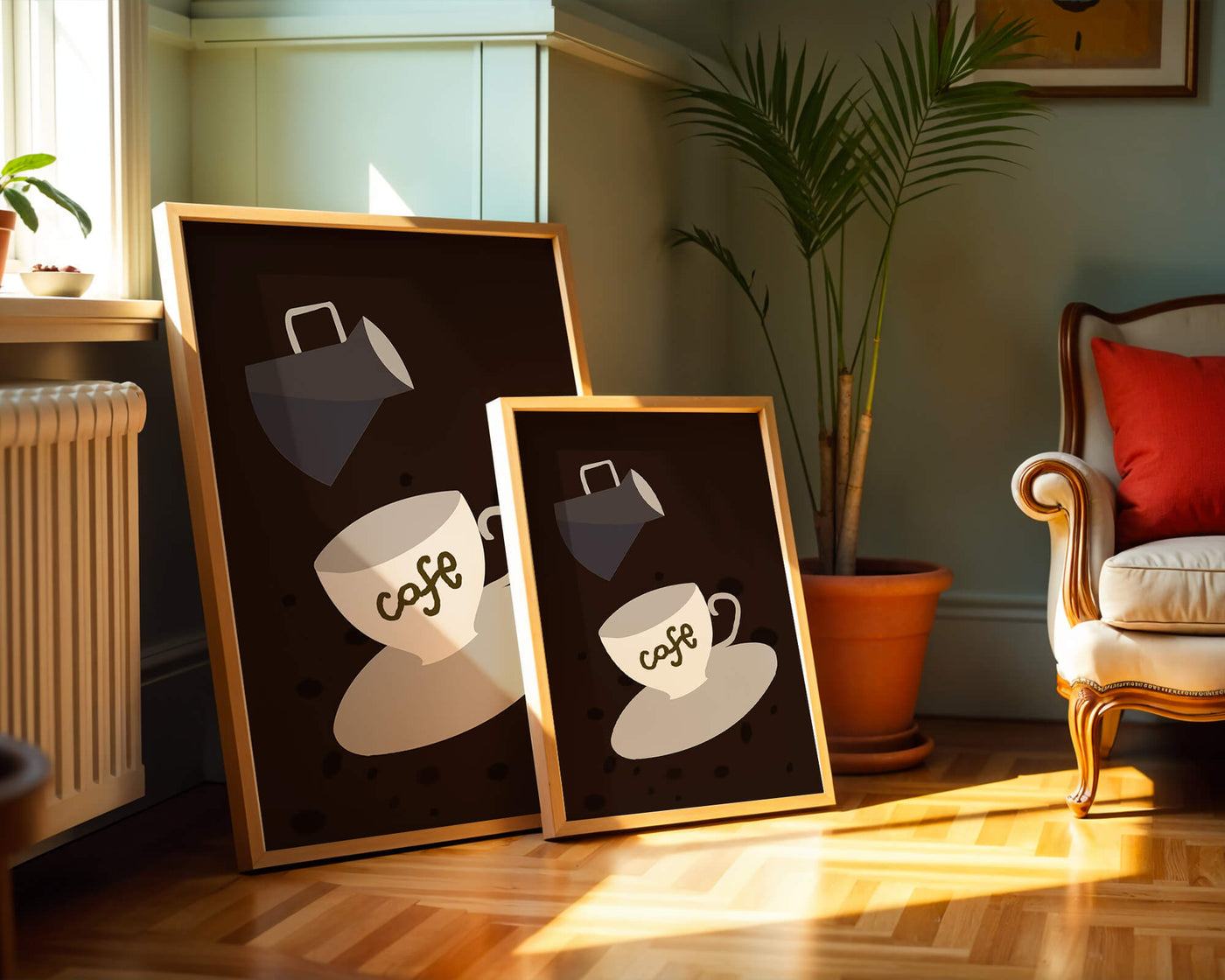 Minimalist coffee cup with pouring pot on dark background