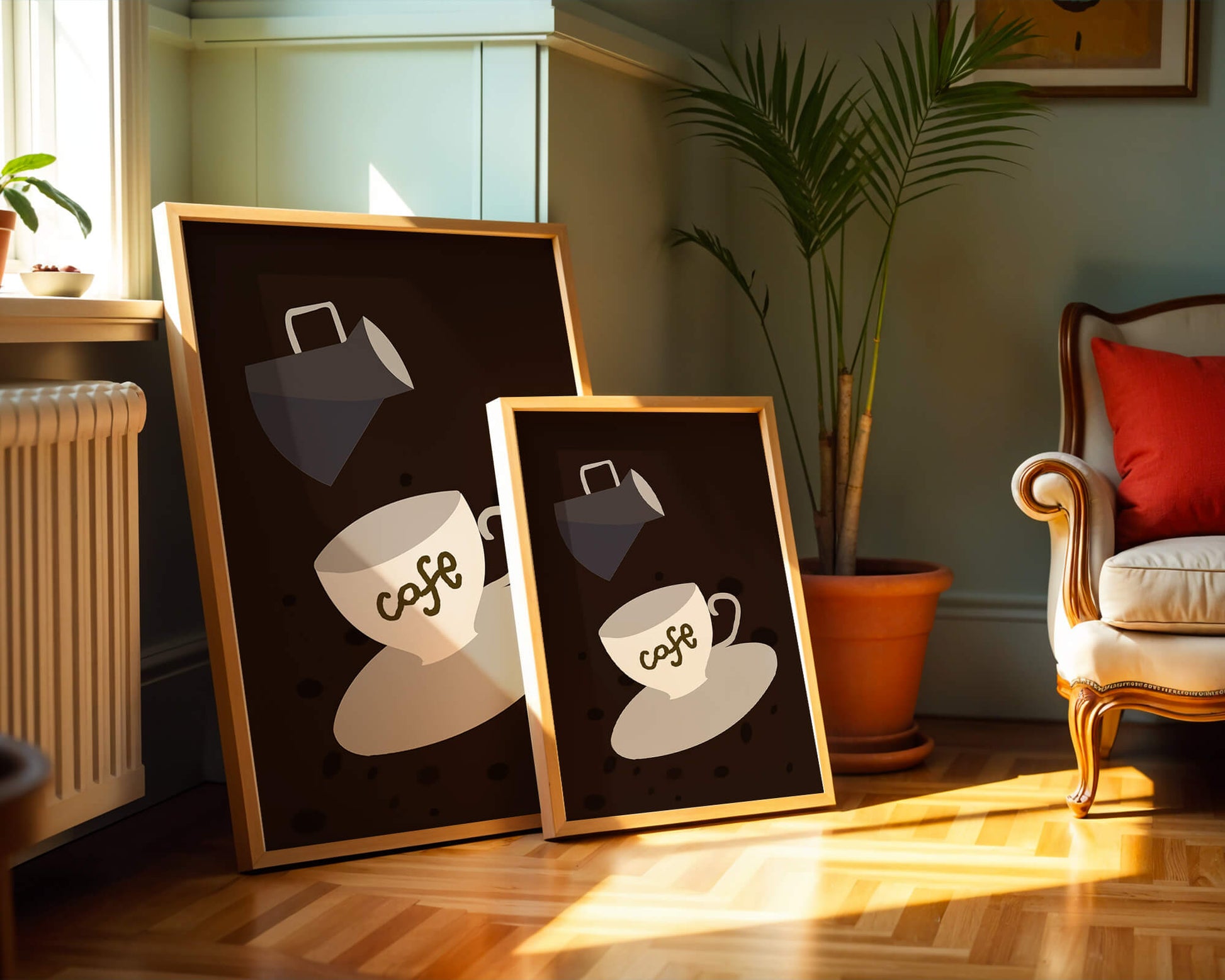 Minimalist coffee cup with pouring pot on dark background