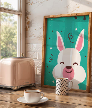 Adorable cartoon bunny on teal background with playful elements