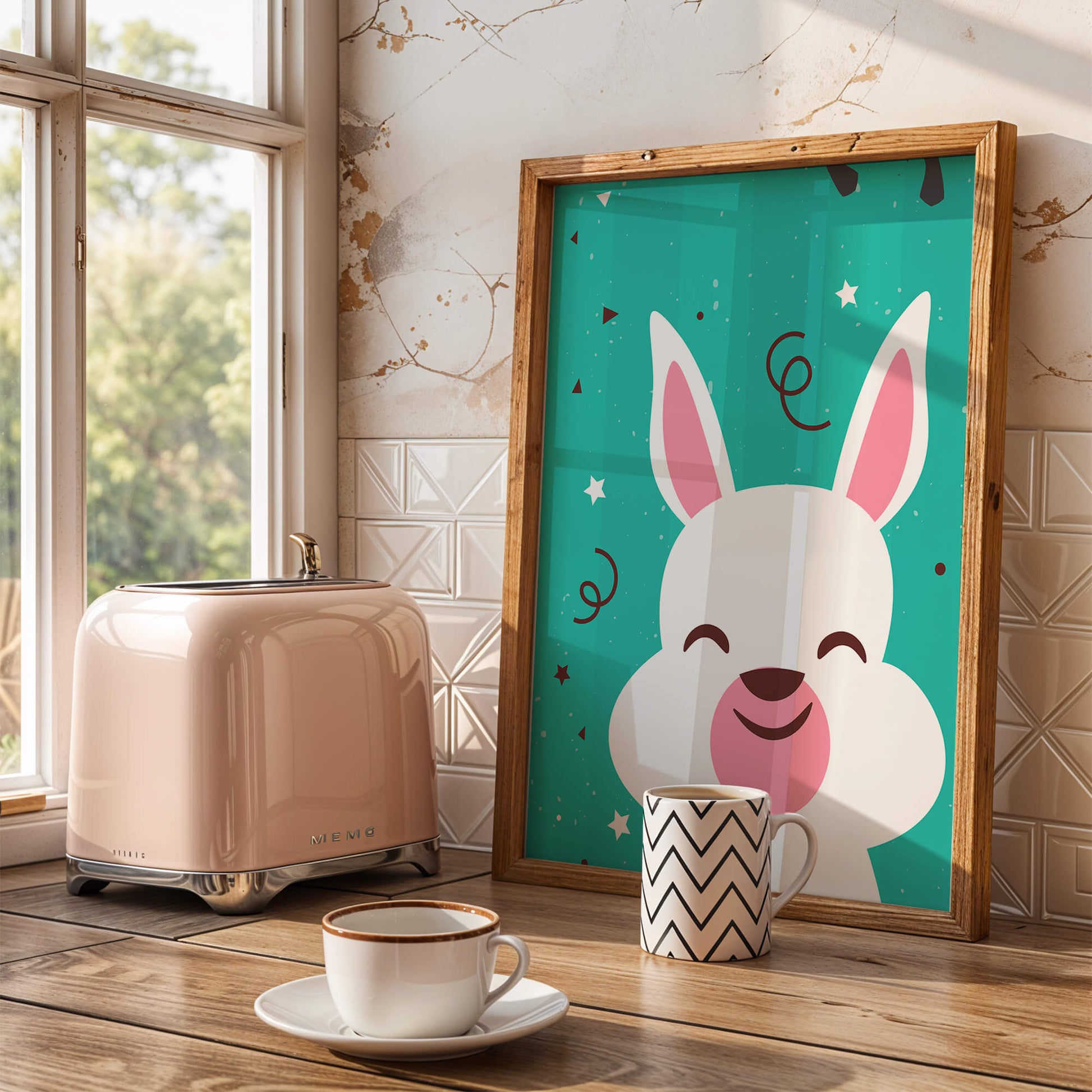 Adorable cartoon bunny on teal background with playful elements