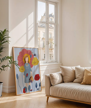 Fille dans un pays des merveilles fleuri avec des couleurs pastel et des fleurs vibrantes