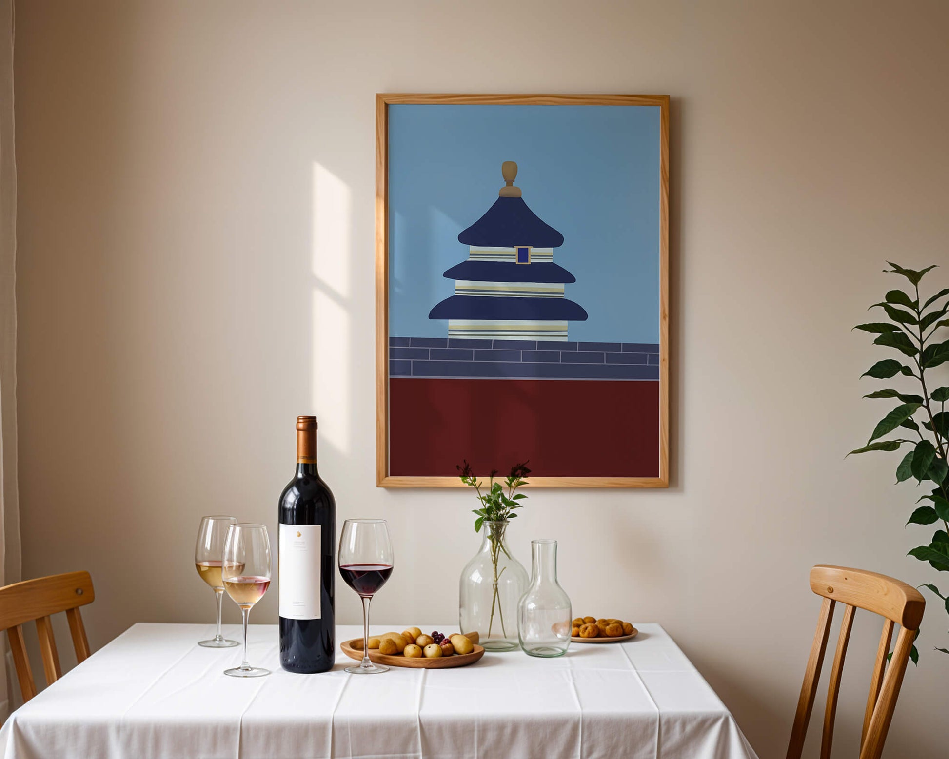 Ilustración abstracta del Templo del Cielo con detalles azules y dorados