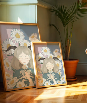 Ilustración de una niña con margaritas y cuernos sobre un fondo pastel
