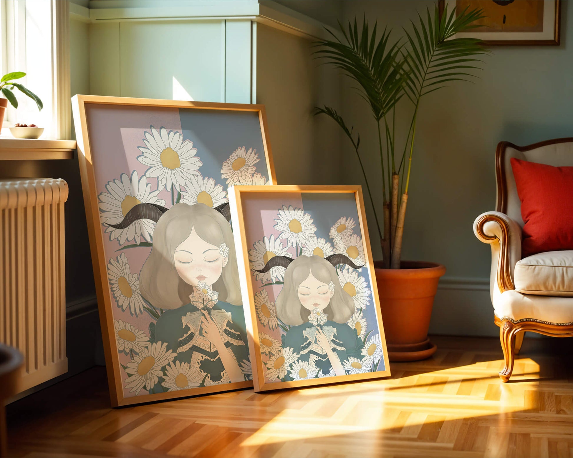 Illustration of girl with daisies and horns on a pastel background
