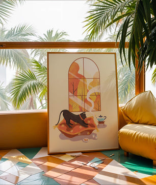 Black Cat Relaxing on Cozy Pillow with Scenic Window View