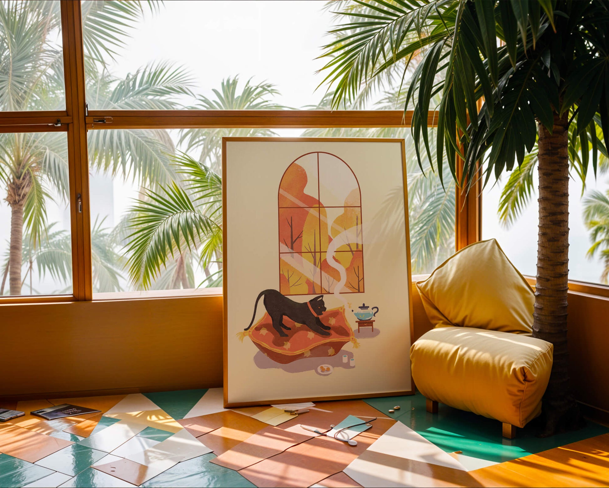 Black Cat Relaxing on Cozy Pillow with Scenic Window View