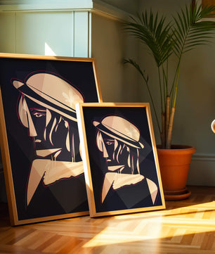 Stylized Portrait of a Woman in a Hat with Geometric Elements - Mi tienda
