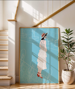 Stylish woman in polka dot dress with hat in modern abstract scene
